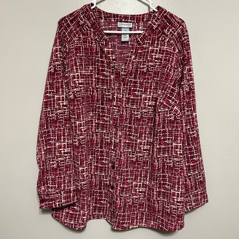 Catherines Blouse 0X 14/16W Burgundy Tan Abstract Grid Roll-Tab Button Up V-Neck
